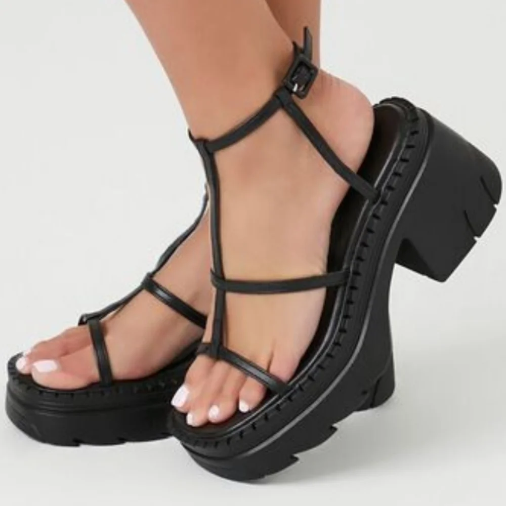 Forever 21 Platform Caged Block Heels Black Size 6